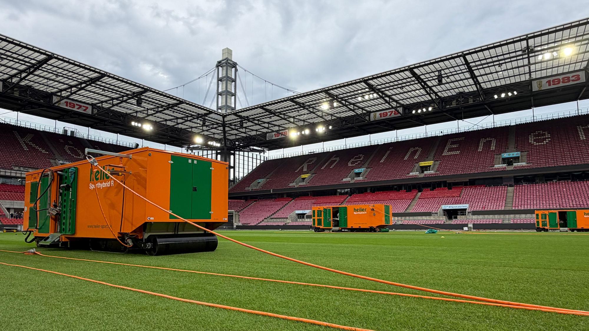 Im Kölner Rhein-Energie-Stadion wird ein neuer Hybridrasen verlegt.