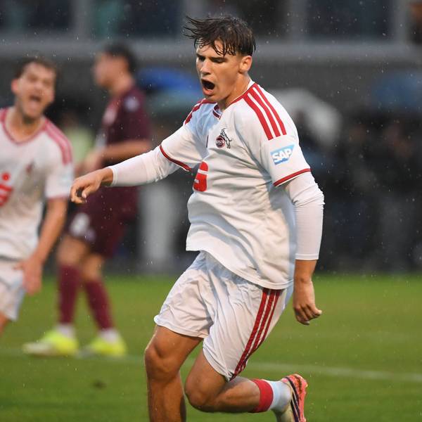 19.08.2026, xophax, Fussball 1.Bundesliga, U19 , A- Jugend Bundesliga , U19 DFB - Nachwuchsliga : Fortuna Köln gegen 1.FC Köln : Luca Mijatovic 1.FC Köln , rechts nach seinem Tor. Köln *** August 19, 2026, xophax, Soccer, Bundesliga 1, U19, A-Youth Bundesliga, U19 DFB Youth League, Fortuna Cologne vs. 1. FC Cologne, Luca Mijatovic 1. FC Cologne, on the right after his goal, Cologne