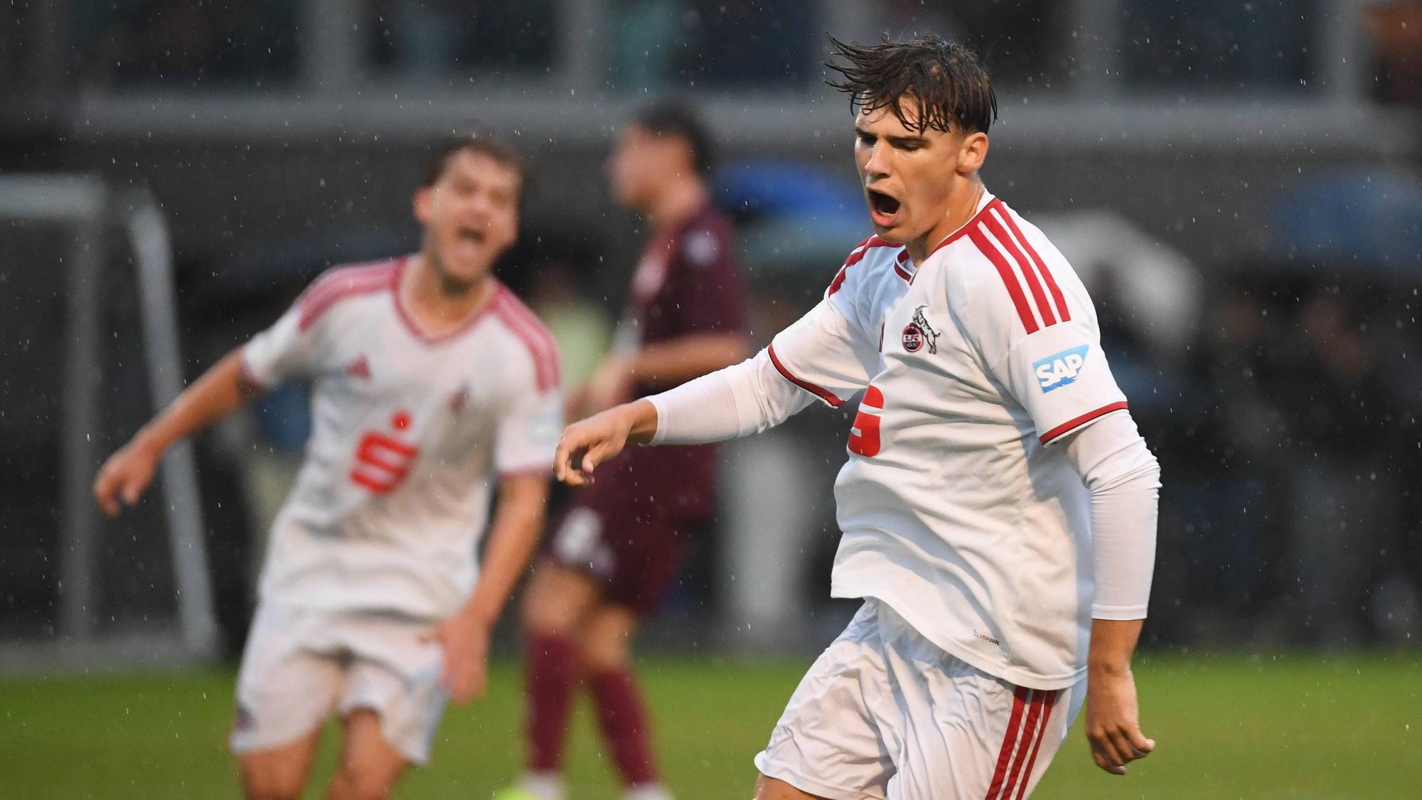 19.08.2026, xophax, Fussball 1.Bundesliga, U19 , A- Jugend Bundesliga , U19 DFB - Nachwuchsliga : Fortuna Köln gegen 1.FC Köln : Luca Mijatovic 1.FC Köln , rechts nach seinem Tor. Köln *** August 19, 2026, xophax, Soccer, Bundesliga 1, U19, A-Youth Bundesliga, U19 DFB Youth League, Fortuna Cologne vs. 1. FC Cologne, Luca Mijatovic 1. FC Cologne, on the right after his goal, Cologne