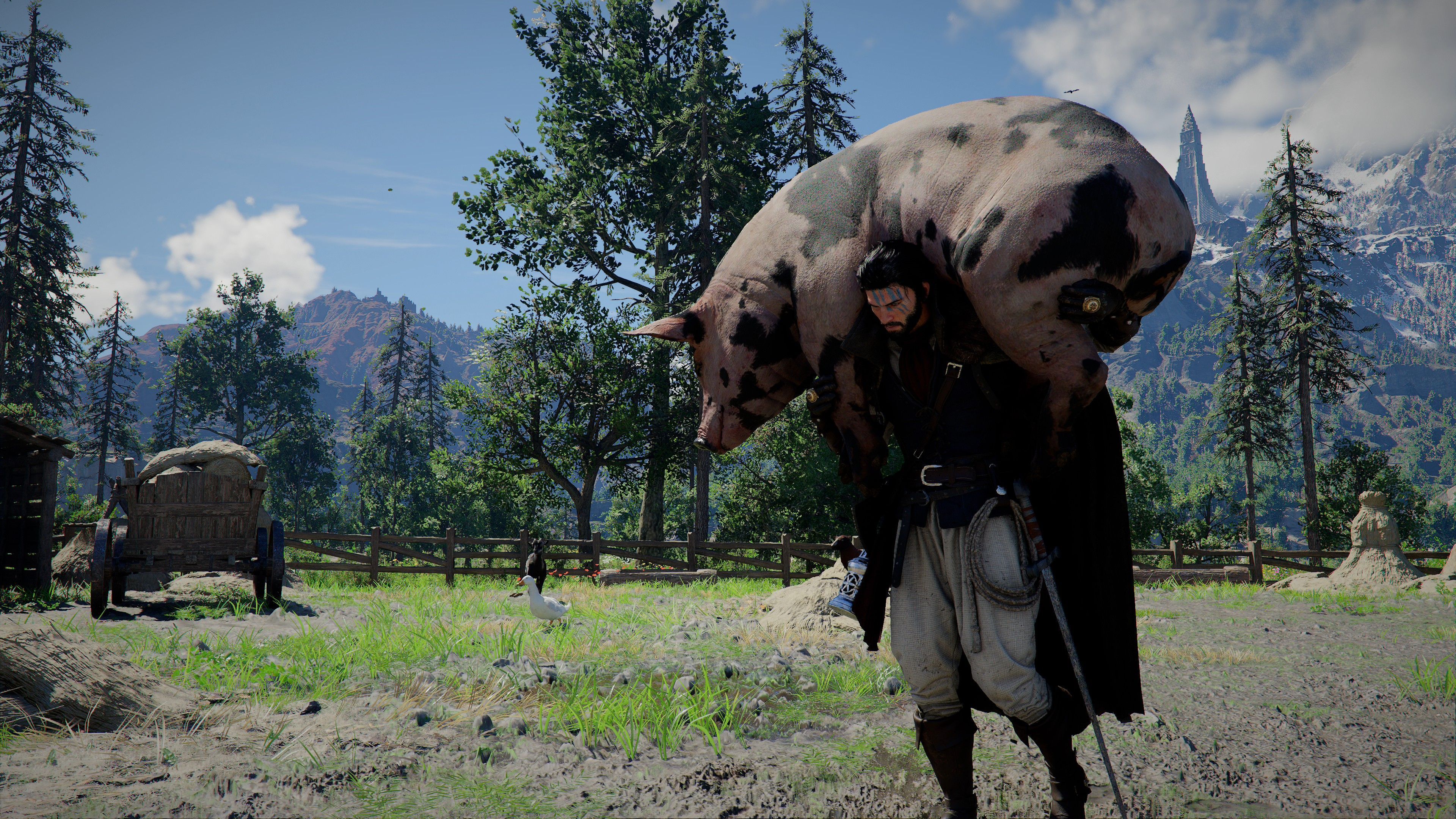 Screenshot aus „Crimson Desert“: Ein Mann trägt ein Schwein auf seinen Schultern