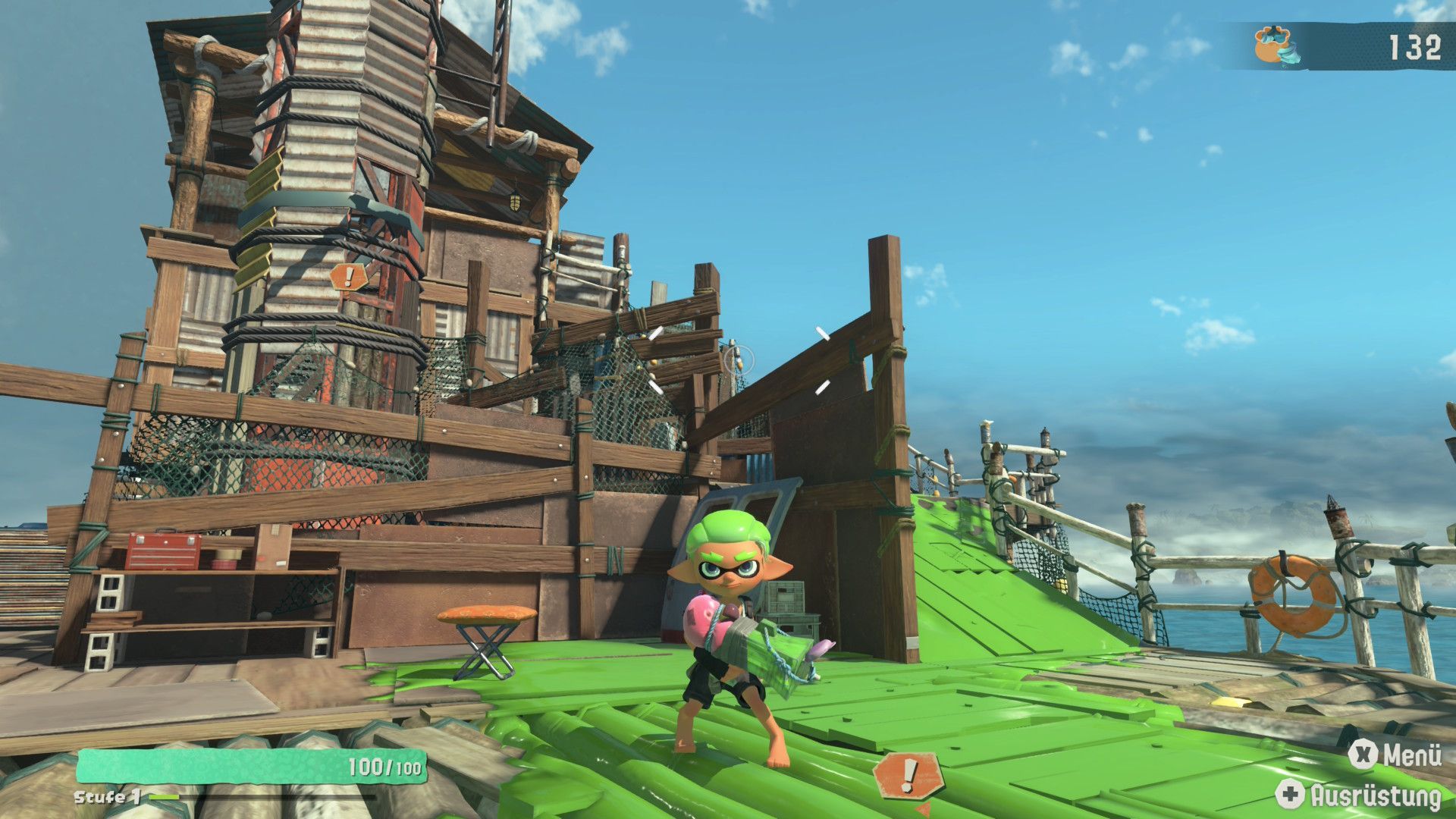 Screenshot aus Splatoon-Raiders: Eine Figur mit spitzen Ohren und grünen Haaren hält eine Waffe gefüllt mit grüner Farbe in den Händen.