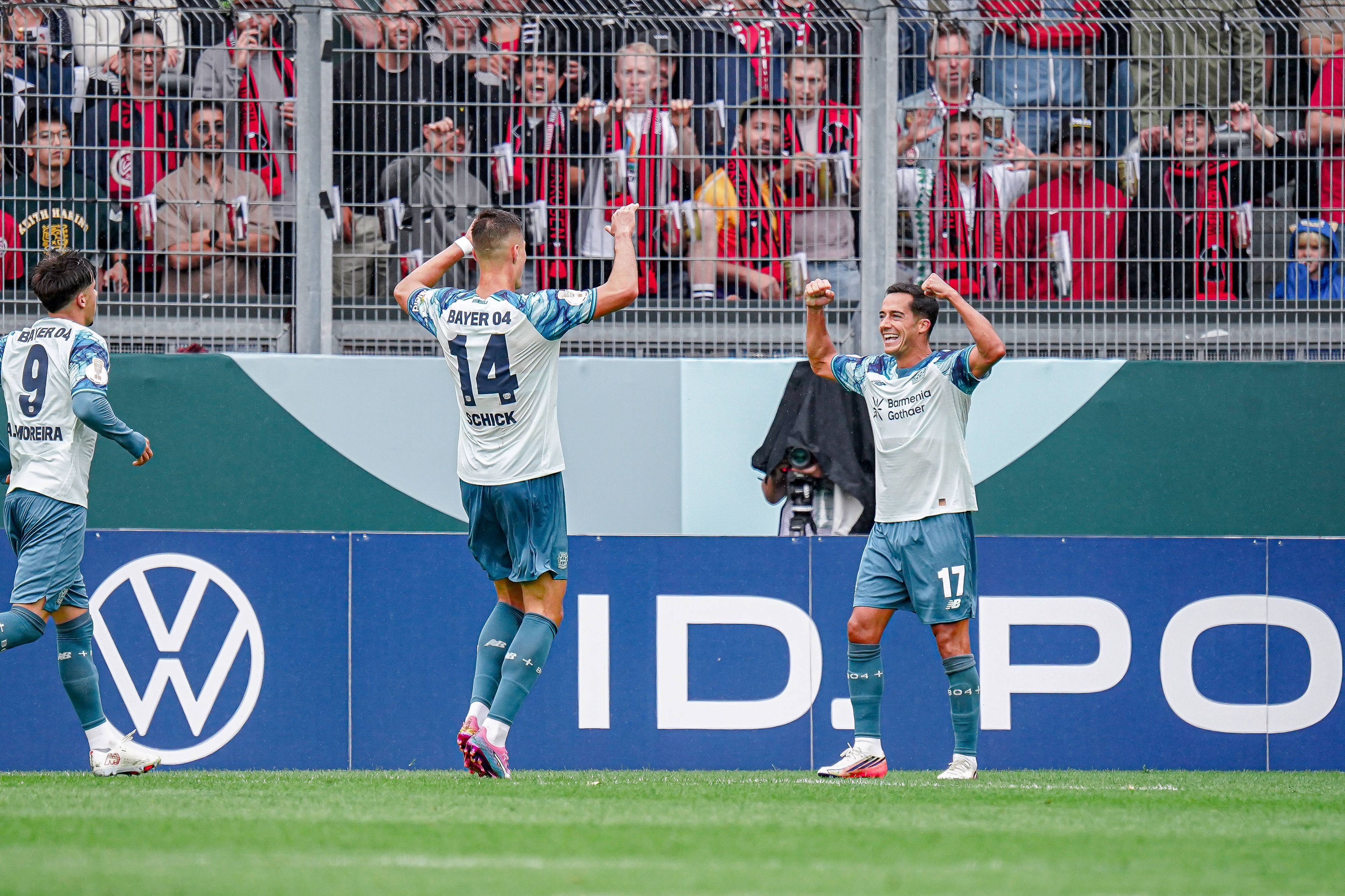 Deutschland: Fussball Saison 2026 / 2027 , DFB-Pokal Runde 1 / 1. Runde , SV Wehen Wiesbaden vs. Bayer Leverkusen - Brita-Arena Wiesbaden : Lucas Vazquez Bayer 04 Leverkusen, 17 und Patrik Schick Bayer 04 Leverkusen, 14 Tor, Torjubel, Jubel, Freude, Emotionen, Tor und Torjubel zum 0:1 Wiesbaden Brita-Arena Deutschland / Germany *** Germany Soccer Season 20262027, DFB Cup Round 1, SV Wehen Wiesbaden vs. Bayer Leverkusen at Brita Arena in Wiesbaden: Lucas Vázquez Bayer 04 Leverkusen, No. 17 and Patrik Schick Bayer 04 Leverkusen, No. 14 score goals goal celebrations celebration, joy, emotions, goal, and goal celebration for the 01 win over Wiesbaden at Brita Arena, Germany Copyright: xBennetxLongx