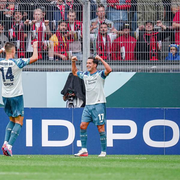 Deutschland: Fussball Saison 2026 / 2027 , DFB-Pokal Runde 1 / 1. Runde , SV Wehen Wiesbaden vs. Bayer Leverkusen - Brita-Arena Wiesbaden : Lucas Vazquez Bayer 04 Leverkusen, 17 und Patrik Schick Bayer 04 Leverkusen, 14 Tor, Torjubel, Jubel, Freude, Emotionen, Tor und Torjubel zum 0:1 Wiesbaden Brita-Arena Deutschland / Germany *** Germany Soccer Season 20262027, DFB Cup Round 1, SV Wehen Wiesbaden vs. Bayer Leverkusen at Brita Arena in Wiesbaden: Lucas Vázquez Bayer 04 Leverkusen, No. 17 and Patrik Schick Bayer 04 Leverkusen, No. 14 score goals goal celebrations celebration, joy, emotions, goal, and goal celebration for the 01 win over Wiesbaden at Brita Arena, Germany Copyright: xBennetxLongx