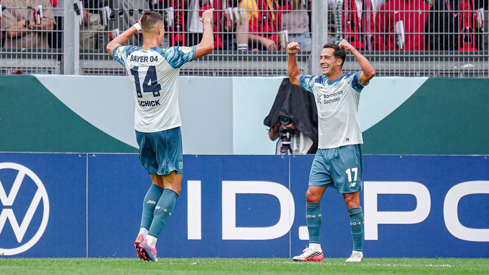 Deutschland: Fussball Saison 2026 / 2027 , DFB-Pokal Runde 1 / 1. Runde , SV Wehen Wiesbaden vs. Bayer Leverkusen - Brita-Arena Wiesbaden : Lucas Vazquez Bayer 04 Leverkusen, 17 und Patrik Schick Bayer 04 Leverkusen, 14 Tor, Torjubel, Jubel, Freude, Emotionen, Tor und Torjubel zum 0:1 Wiesbaden Brita-Arena Deutschland / Germany *** Germany Soccer Season 20262027, DFB Cup Round 1, SV Wehen Wiesbaden vs. Bayer Leverkusen at Brita Arena in Wiesbaden: Lucas Vázquez Bayer 04 Leverkusen, No. 17 and Patrik Schick Bayer 04 Leverkusen, No. 14 score goals goal celebrations celebration, joy, emotions, goal, and goal celebration for the 01 win over Wiesbaden at Brita Arena, Germany Copyright: xBennetxLongx