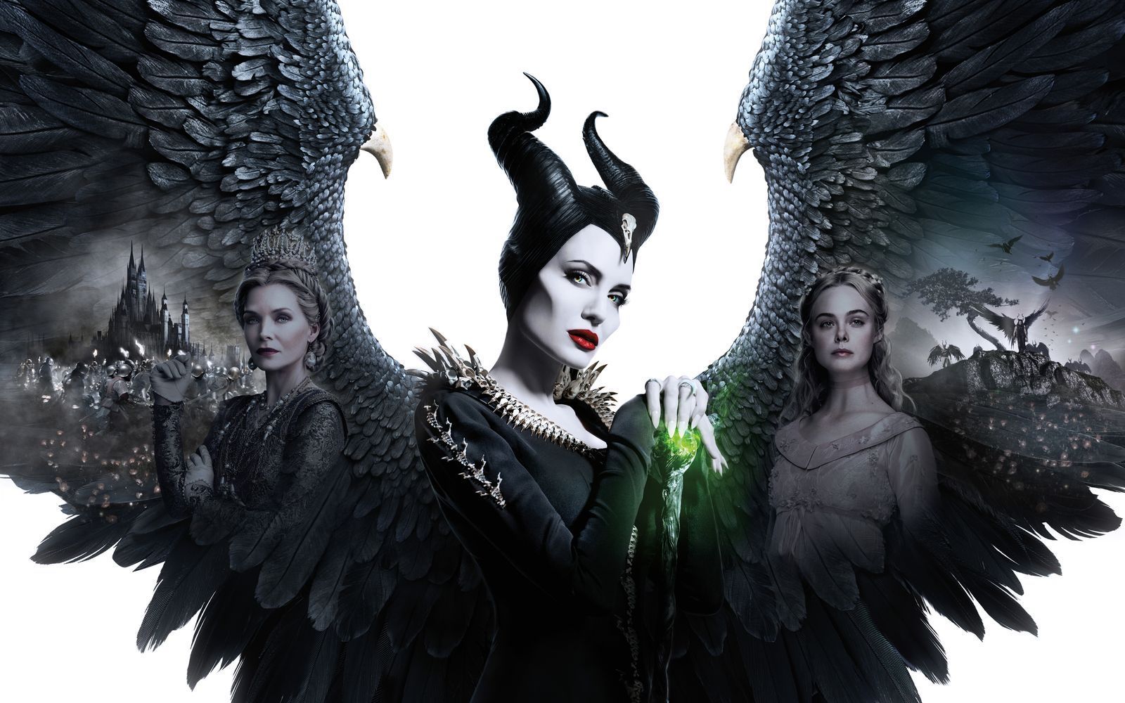 In „Maleficent: Mächte der Finsternis“ stellt sich die durchtriebene Königin Ingrith (Michelle Pfeiffer, von links) zwischen die Fee Maleficent (Angelina Jolie) und ihre Patentochter Aurora (Elle Fanning). (Bild: 2019 Disney Enterprises Inc. )