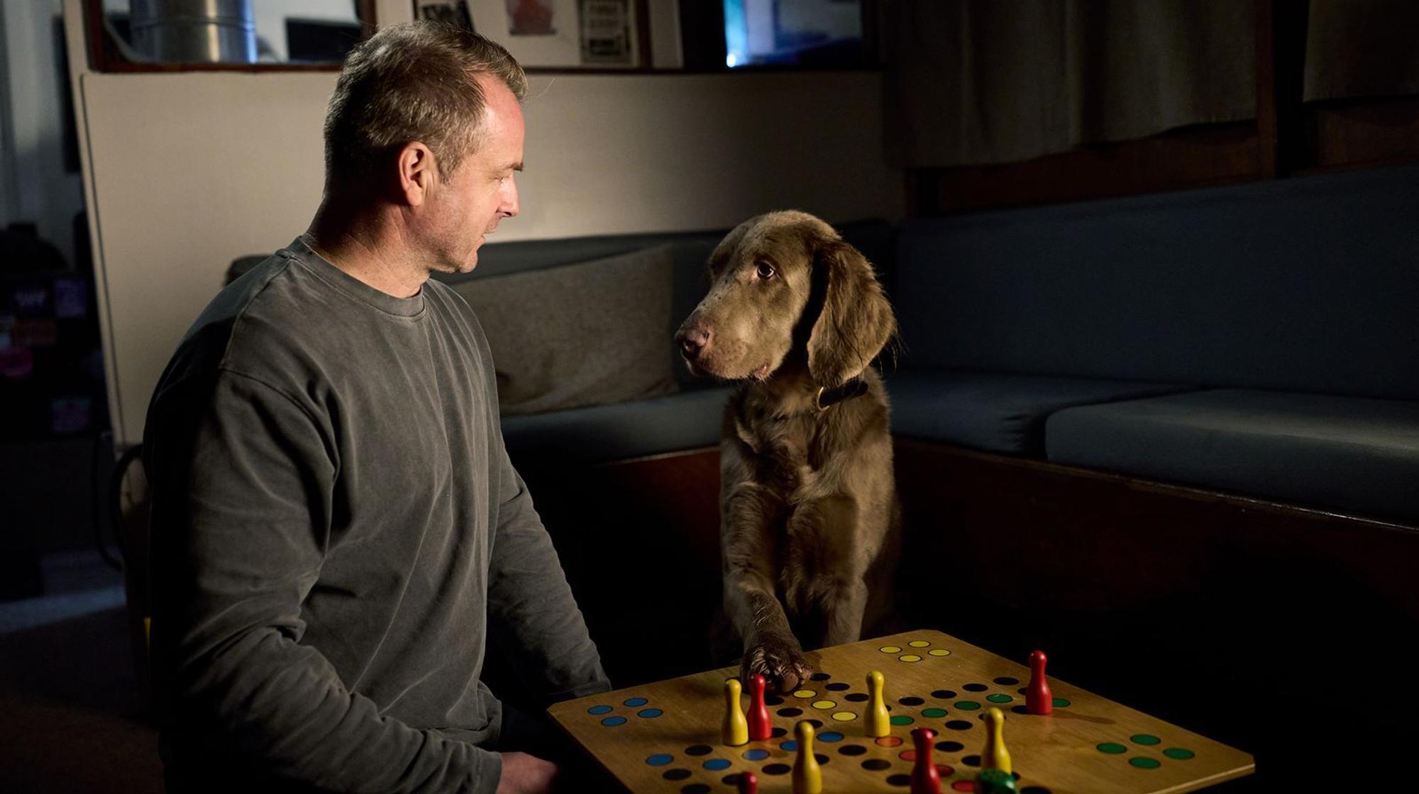 Auch in den neuen Folgen an Haukes (Hinnerk Schönemann) Seite: Hund Holly. Mittlerweile spielen die beiden sogar „Mensch Ärgere Dich Nicht“ zusammen - und Holly weiß nicht nur, wie man würfelt, sondern auch, wie man sein Herrchen besiegt. (Bild: NDR/ARD/Sandra Hoever)