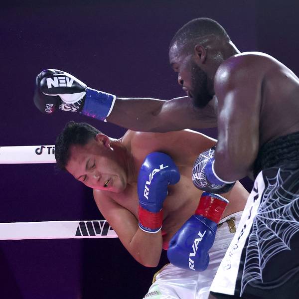 TEMECULA, CALIFORNIA - AUGUST 21: Nelvie Tiafack punches Salvador Zavala in their heavyweight bout during Amanda Serrano v Lucrezia Manzur at Pechanga Resort Casino on August 21, 2026 in Temecula, California. Luke Hales/Getty Images/AFP (Photo by Luke Hales / GETTY IMAGES NORTH AMERICA / Getty Images via AFP)