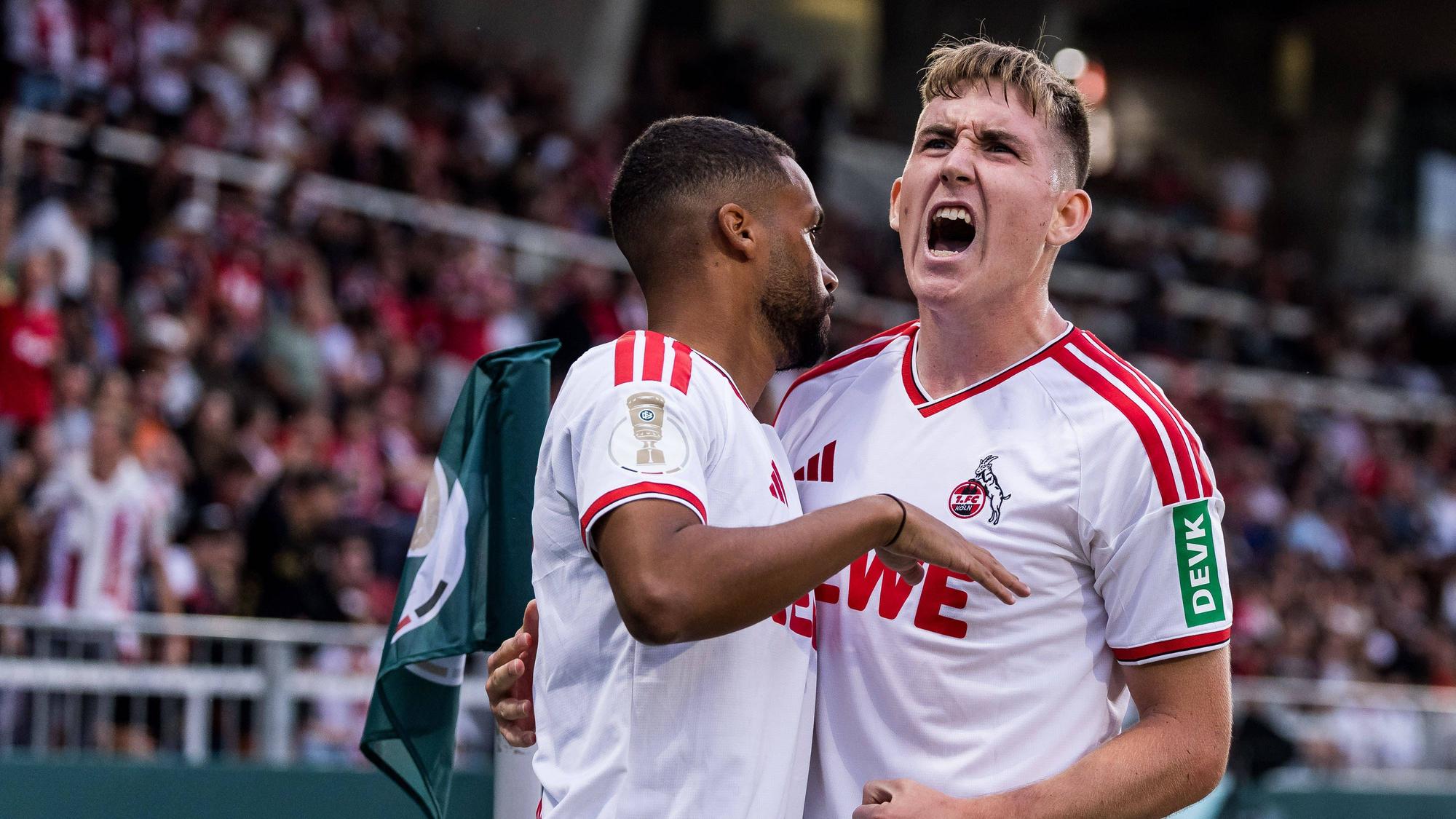 WUERZBURG, GERMANY - AUGUST 24: Isak Johannesson 1. FC Koeln, 8 celebrates scoring the 1:2 goal during the 1st round DFB Pokal match between Wuerzburger Kickers vs. 1. FC Koeln at AKON ARENA on August 24, 2026 in Wuerzburg, Germany. DFB REGULATIONS PROHIBIT ANY USE OF PHOTOGRAPHS AS IMAGE SEQUENCES AND/OR QUASI-VIDEO. Bavaria Germany Copyright: xSteffiexWunderlx