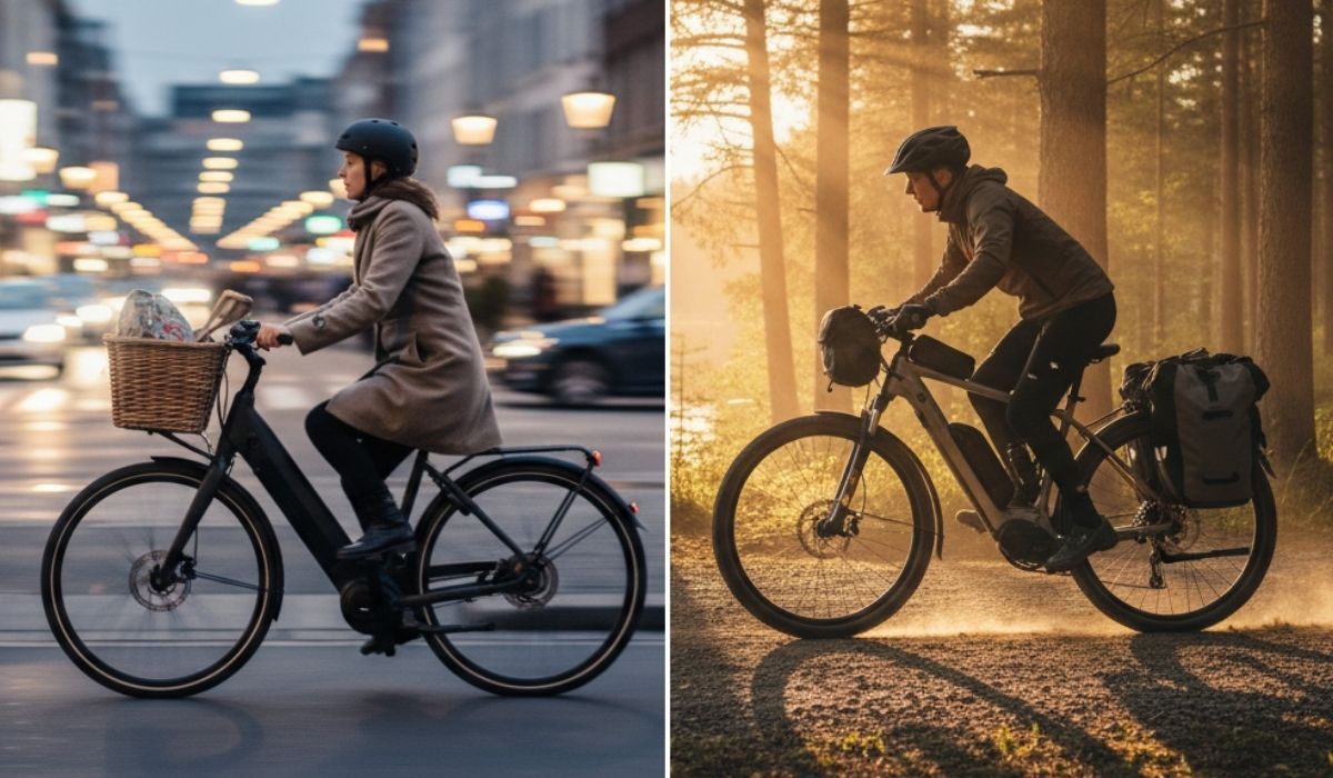 Split-Screen-Vergleich: Links eine Person auf einem City-E-Bike mit Weidenkorb im abendlichen Stadtverkehr, rechts eine Person auf einem Trekking-E-Bike mit Gepäcktaschen auf einem Waldweg im Sonnenlicht.