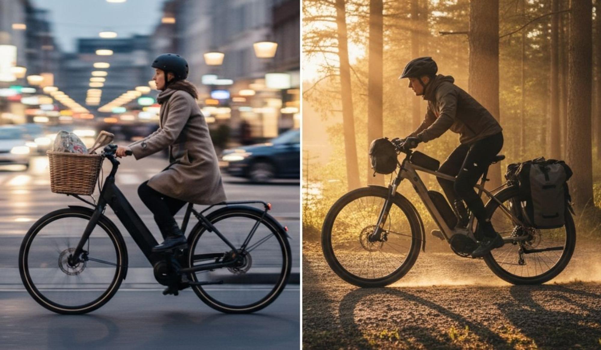 Split-Screen-Vergleich: Links eine Person auf einem City-E-Bike mit Weidenkorb im abendlichen Stadtverkehr, rechts eine Person auf einem Trekking-E-Bike mit Gepäcktaschen auf einem Waldweg im Sonnenlicht.