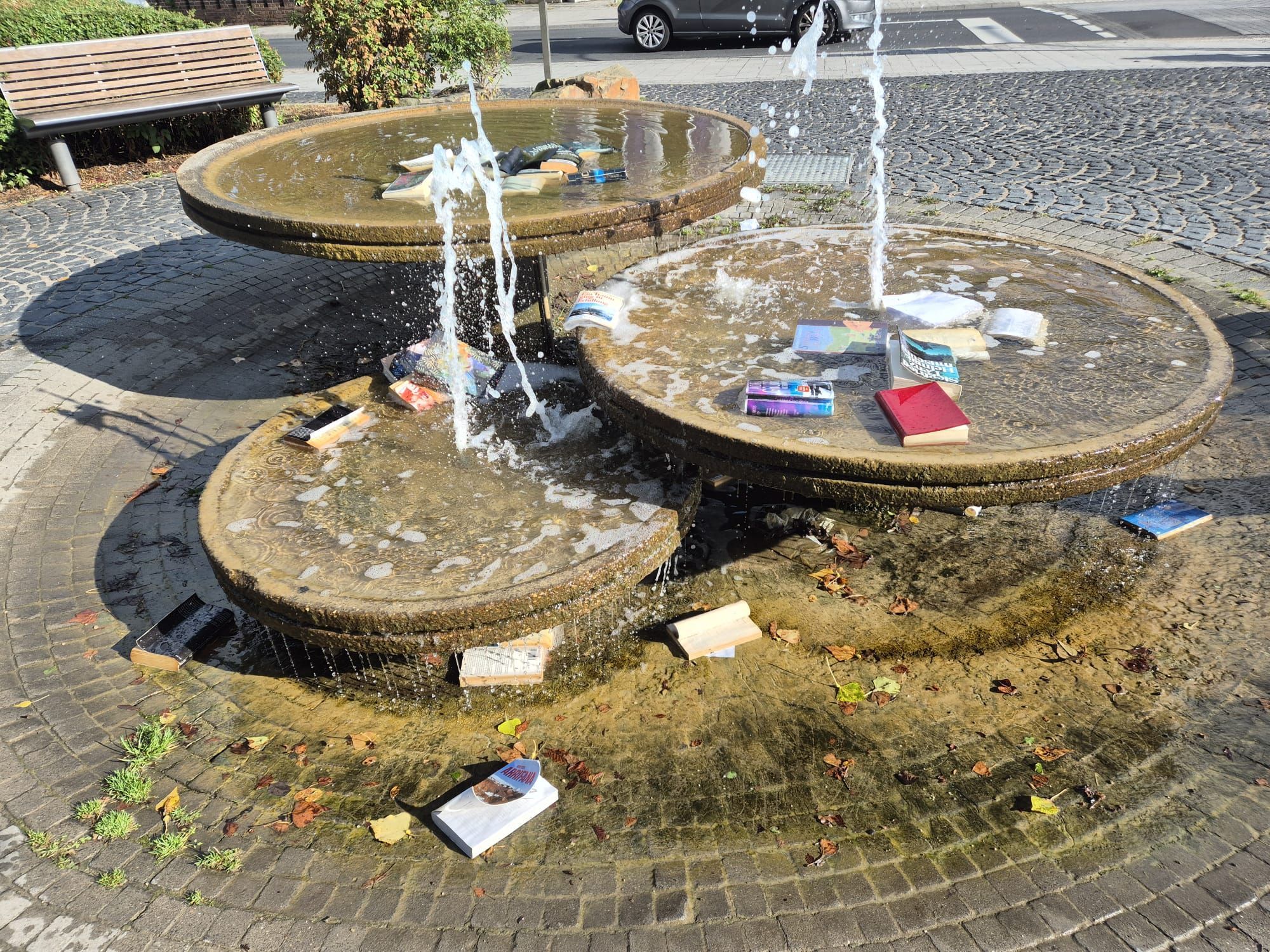 In einem Brunnen liegen Bücher.