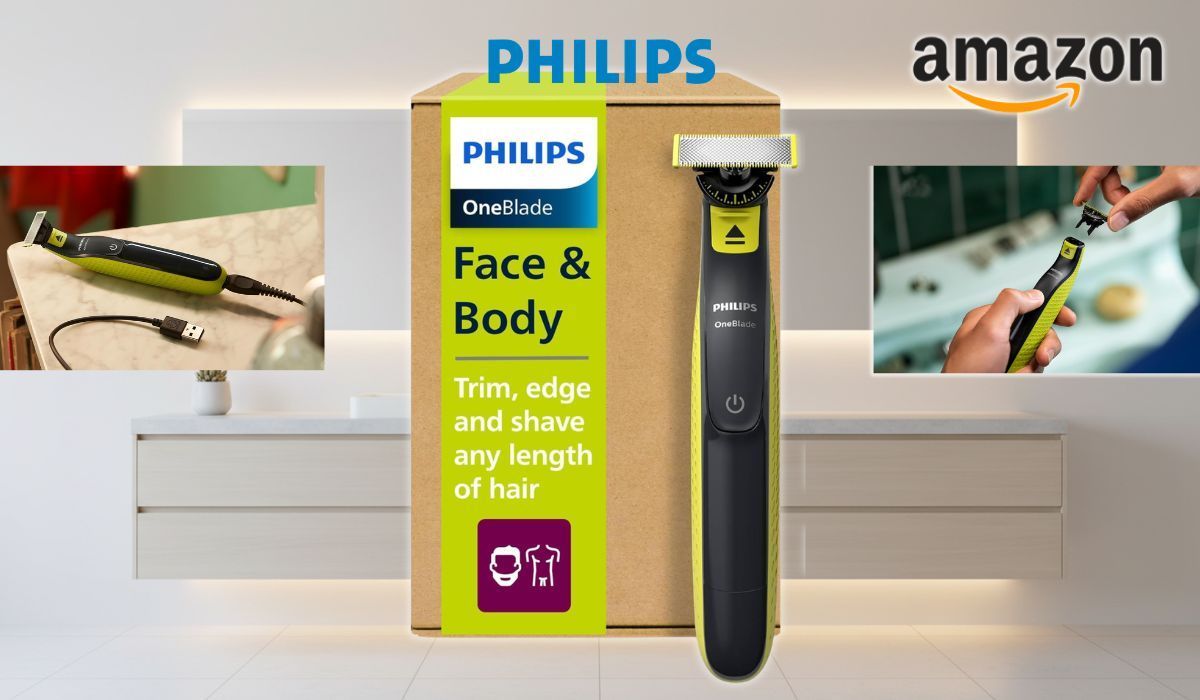 Philips OneBlade 360 Face & Body Rasierer in Schwarz-Gelb vor seiner Produktverpackung mit grünem Aufdruck, flankiert von zwei Detailaufnahmen – links das Gerät mit angeschlossenem USB-Ladekabel auf einer Ablage, rechts eine Hand, die den OneBlade unter fließendem Wasser verwendet, im Hintergrund ein helles, modernes Badezimmer.