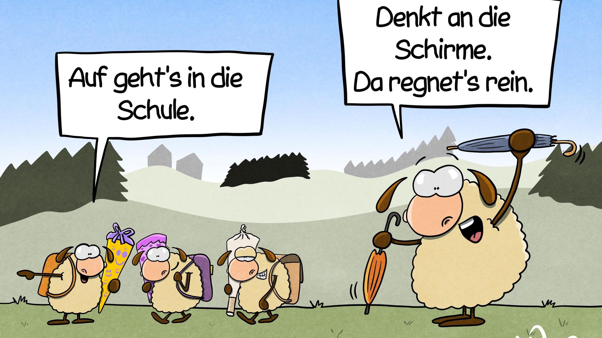 Drei Lämmchen stehen mit Schulranzen und Schultüten auf einer Wiese und sagen: „Auf geht's in die Schule.“ Die Mutter ruft mit zwei Schirmen in den Händen hinter den Kindern her: „Denkt an die Schirme. Da regnet's rein.“