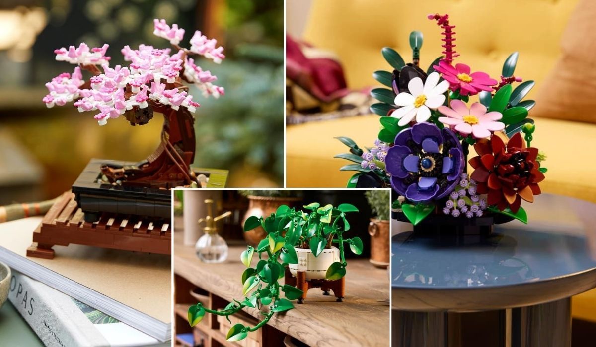 Collage mit drei Deko-Objekten aus der Lego Botanik-Kollektion: links ein Bonsai-Baum mit rosafarbenen Blüten, rechts ein farbenfrohes Blumengesteck und unten eine grüne Hängepflanze.
