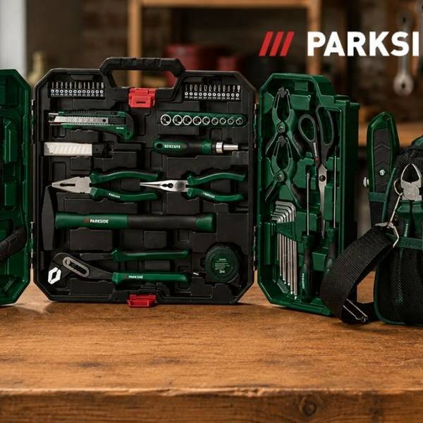 Parkside Werkzeugtasche, Werkzeugkoffer auf einer Werkbank.