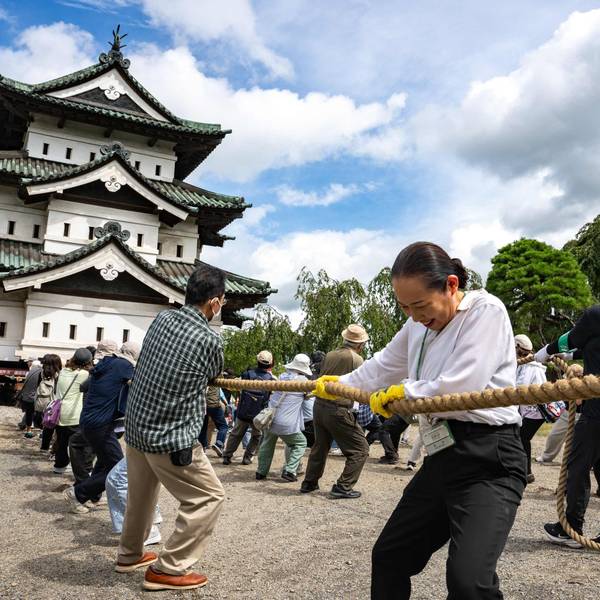 Nach den Restaurierungsarbeiten in Hirosaki in der Präfektur Aomori ziehen Freiwillige am 26. August 2026 einen Teil der Burg Hirosaki mit Seilen an ihren ursprünglichen Standort zurück.