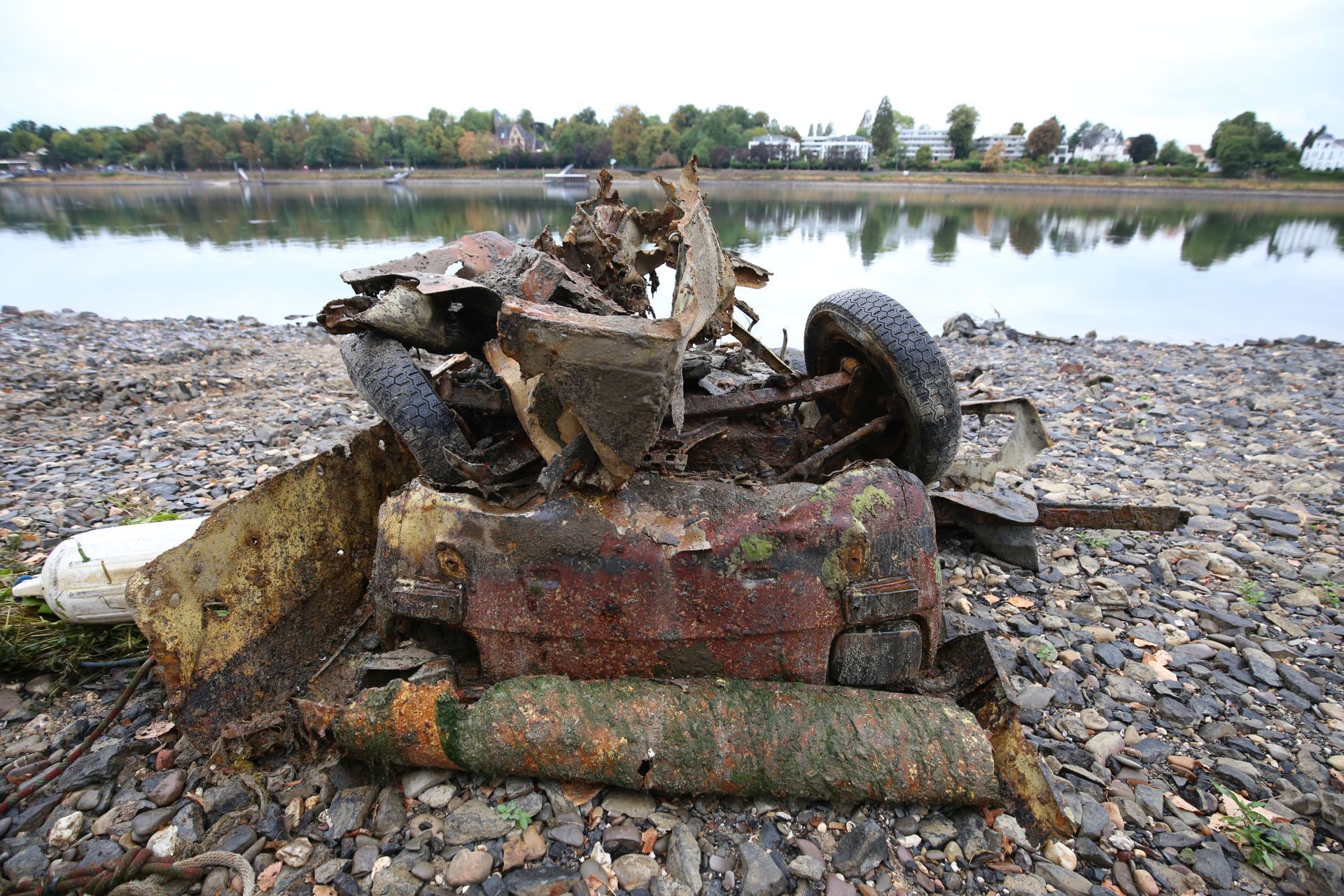 Ein verrostetes Autowrack am Rheinufer.