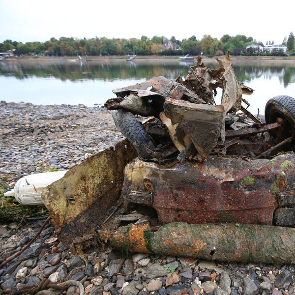 Ein verrostetes Autowrack am Rheinufer.