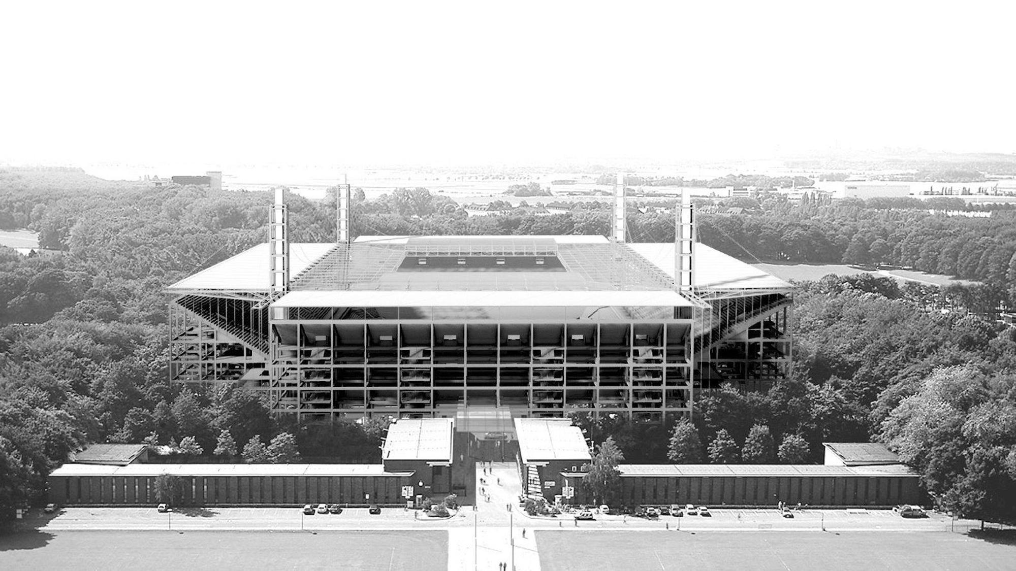 So präsentierten die Sportstätten 2019 das auf 75.000 Zuschauer erweiterte Stadion in einer Schwarz-Weiß-Visualisierung.