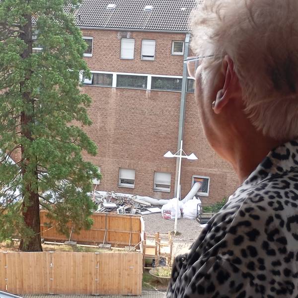 Zu sehen ist eine Frau, die aus einem Fenster in einen Innenhof schaut.