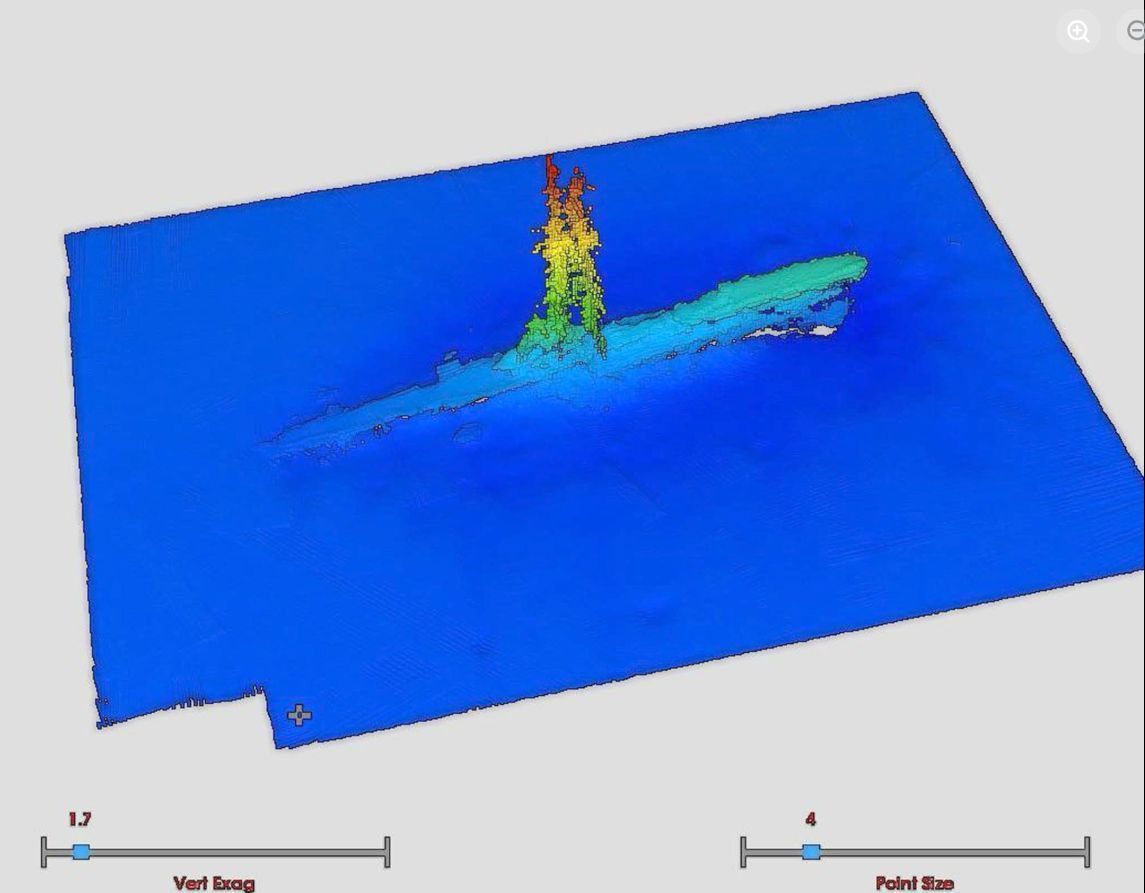 Das von der Kriegsgräberfürsorge zur Verfügung gestellte Handout ist eine bathymetrische wissenschaftliche Aufnahme des gesunkenen U-Boots U-583 östlich der Insel Bornholm in der Wirtschaftszone Polens.