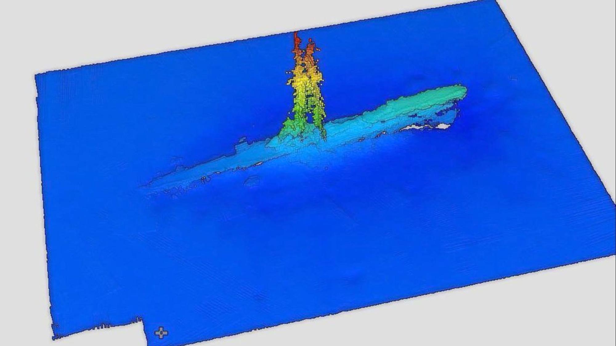 Das von der Kriegsgräberfürsorge zur Verfügung gestellte Handout ist eine bathymetrische wissenschaftliche Aufnahme des gesunkenen U-Boots U-583 östlich der Insel Bornholm in der Wirtschaftszone Polens.