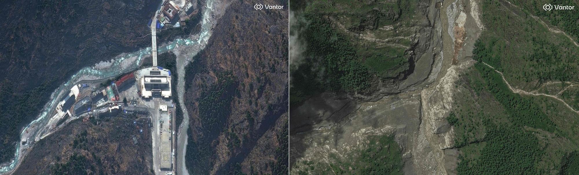 Diese Vorher-Nachher-Bilder zeigen die enorme Zerstörung im Gebiet der chinesisch-nepalesischen Grenze im Katastrophengebiet.