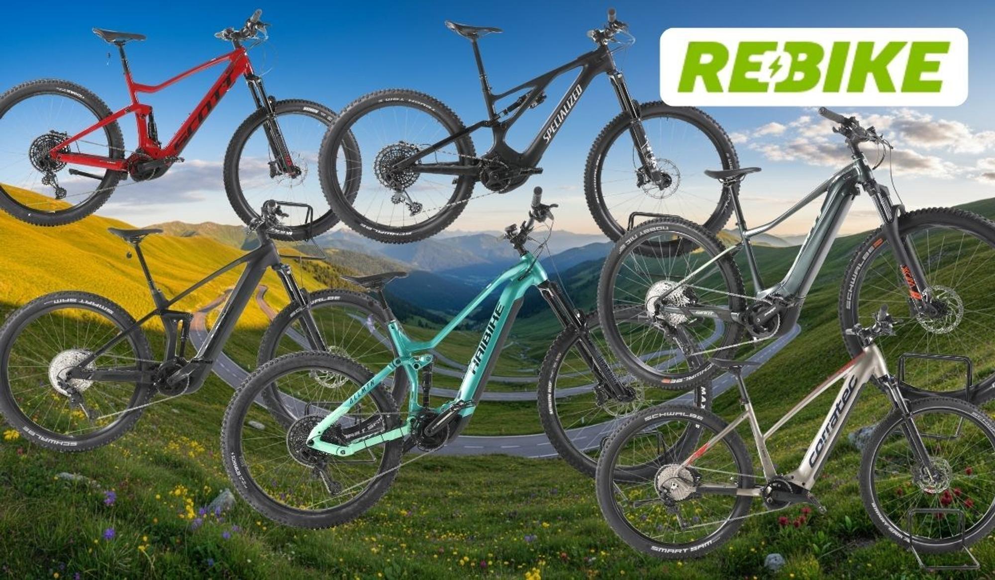 Mehrere E-Mountainbikes verschiedener Marken vor Natur und Berg.
