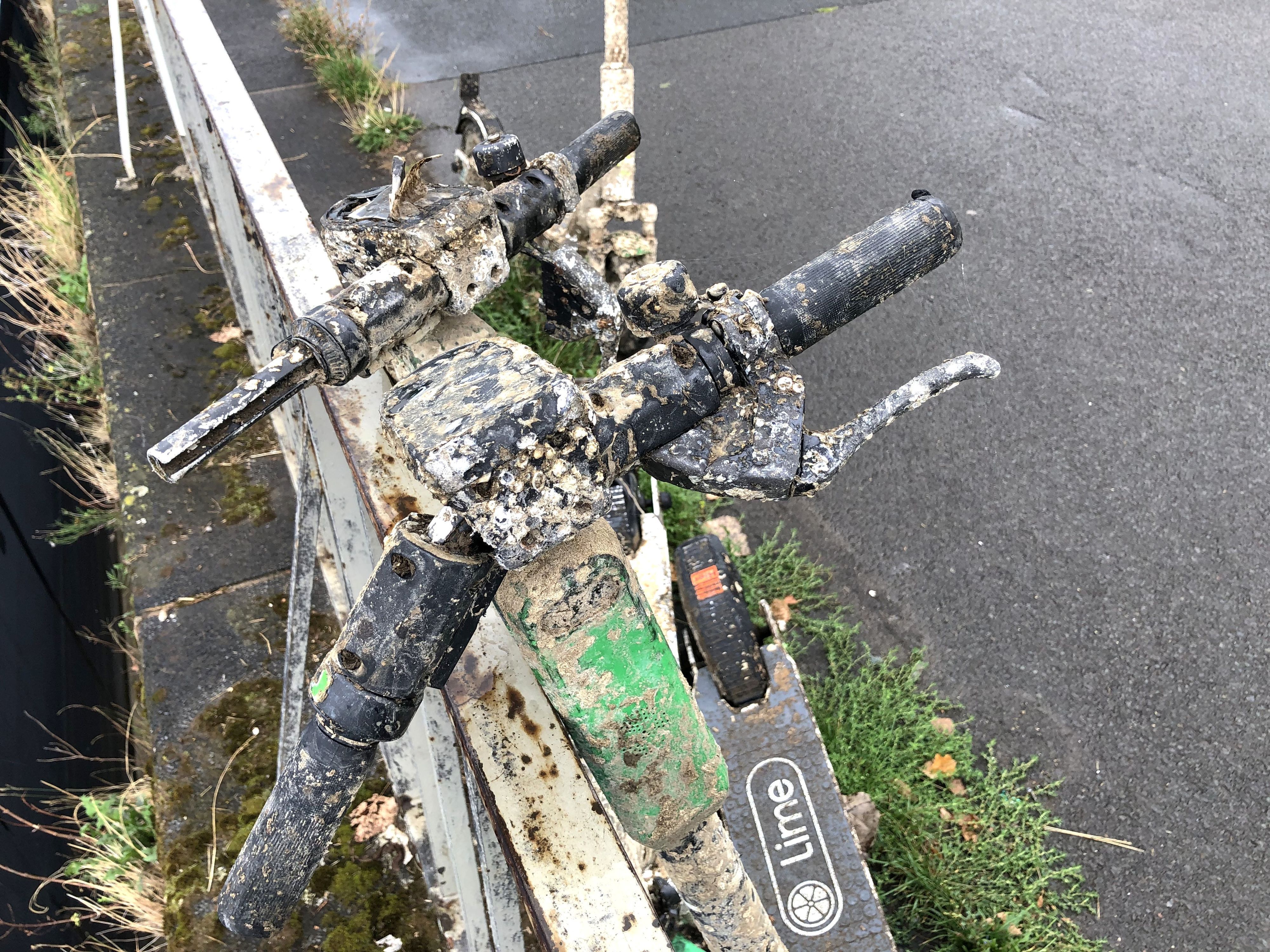 Defekte und mit getrocknetem Schlamm überzogene E-Scooter am Rheinufer in Köln-Mülheim.