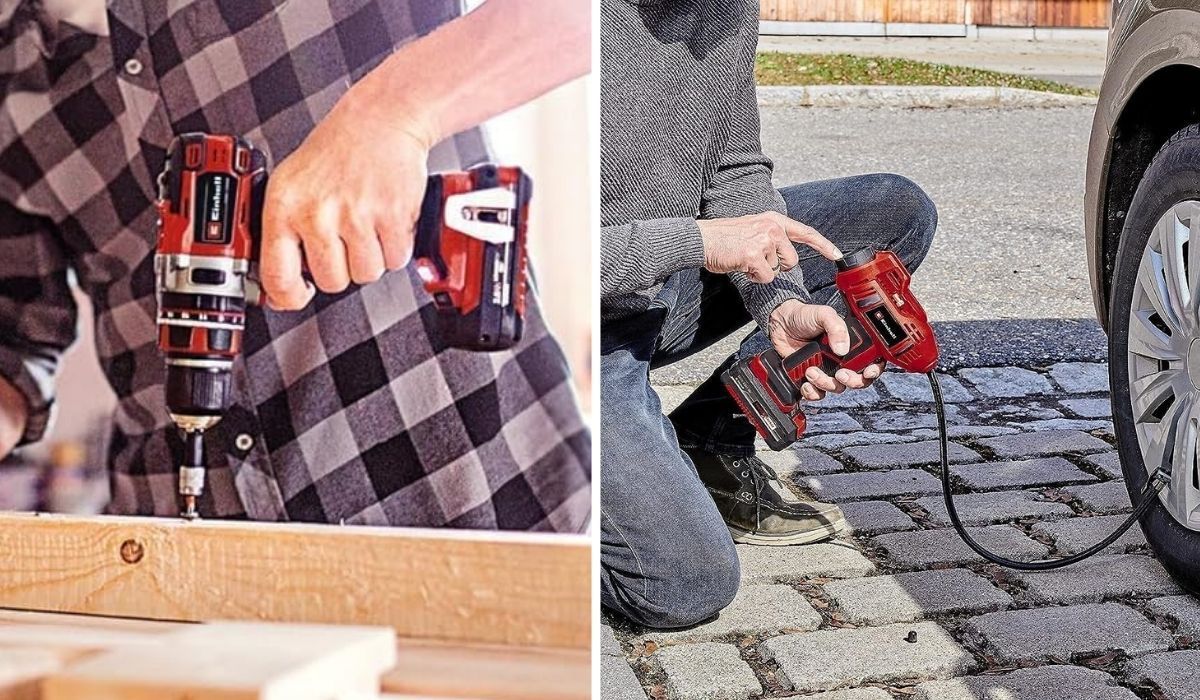 Collage aus zwei Anwendungsfotos: links eine Hand mit Einhell Akku-Schlagbohrschrauber beim Einschrauben in Holz, rechts eine Person mit Einhell Akku-Autokompressor beim Aufpumpen eines Autoreifens.