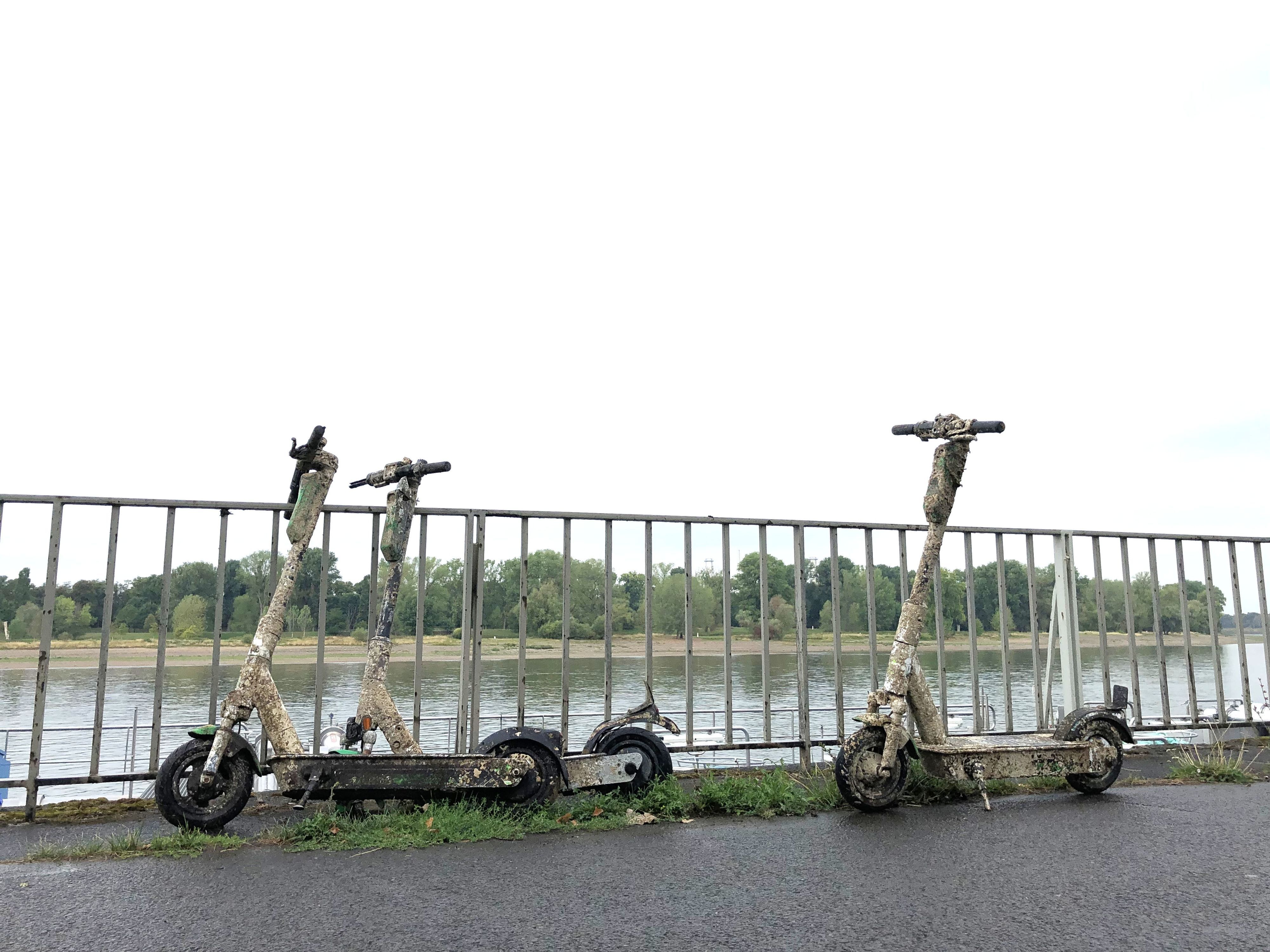 E-Scooter, die aus dem Rhein geholt wurden, stehen am Rheinufer in Köln-Mülheim