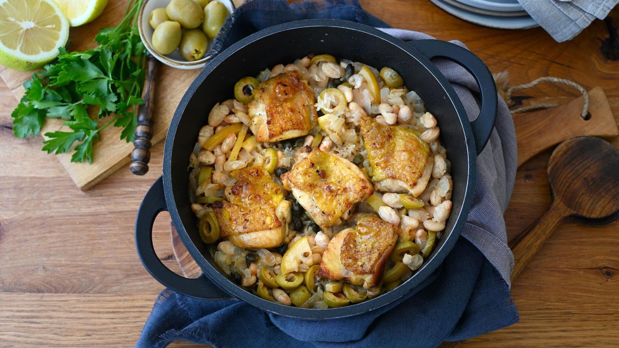 One-Pot mit Hähnchen, Reis und karamellisierten Zitronen