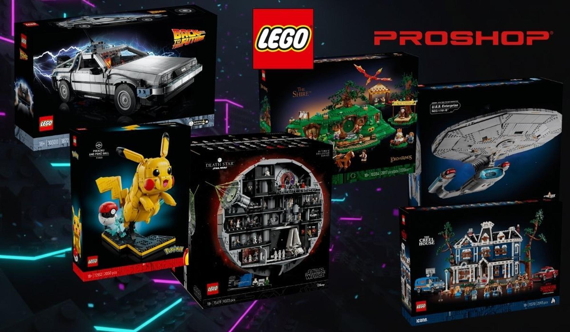 Collage mit sechs LEGO-Set-Verpackungen aus den Themenwelten „Zurück in die Zukunft“, Pokémon, Star Wars, „Der Herr der Ringe“, Star Trek und „Stranger Things“ vor einem dunklen Hintergrund mit Neon-Bausteinen; darüber sind die Logos von LEGO und Proshop zu sehen.