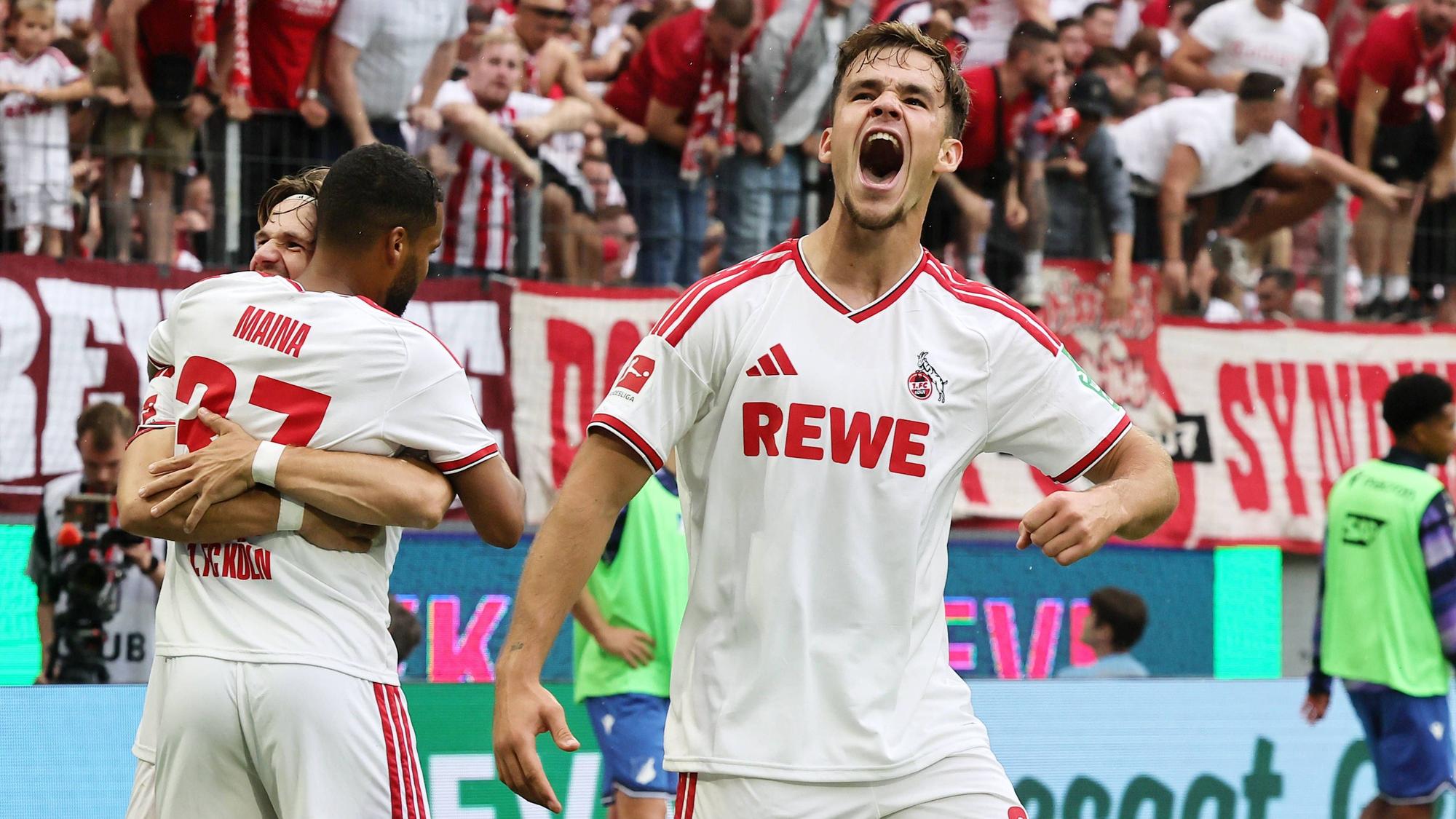 1. FC Köln vs. TSG Hoffenheim, 1. Spieltag, 29.08.2026, 15.30 Uhr, Thijs Dallinga 1. FC Köln feiert sein Tor zum 2.2 Ausgleich, Bild: *** Local Caption *** Ausschließlich redaktionelle Nutzung Editorial use only *** Sports: 1. FC Köln vs. TSG Hoffenheim, Matchday 1, August 29, 2026, 3:30 p.m., Thijs Dallinga of 1. FC Köln celebrates his goal that tied the game at 22, Photo *** Local Caption *** For editorial use only
