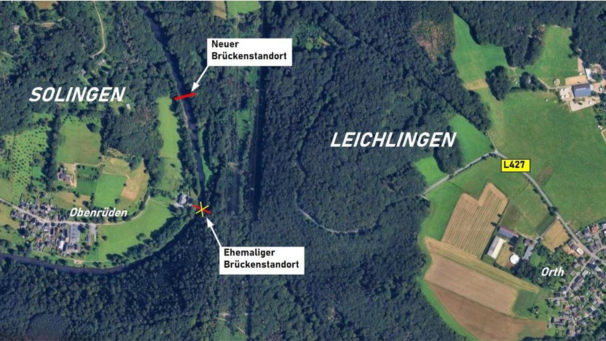 Das Foto zeigt den alten und neuen Standort der Brücke