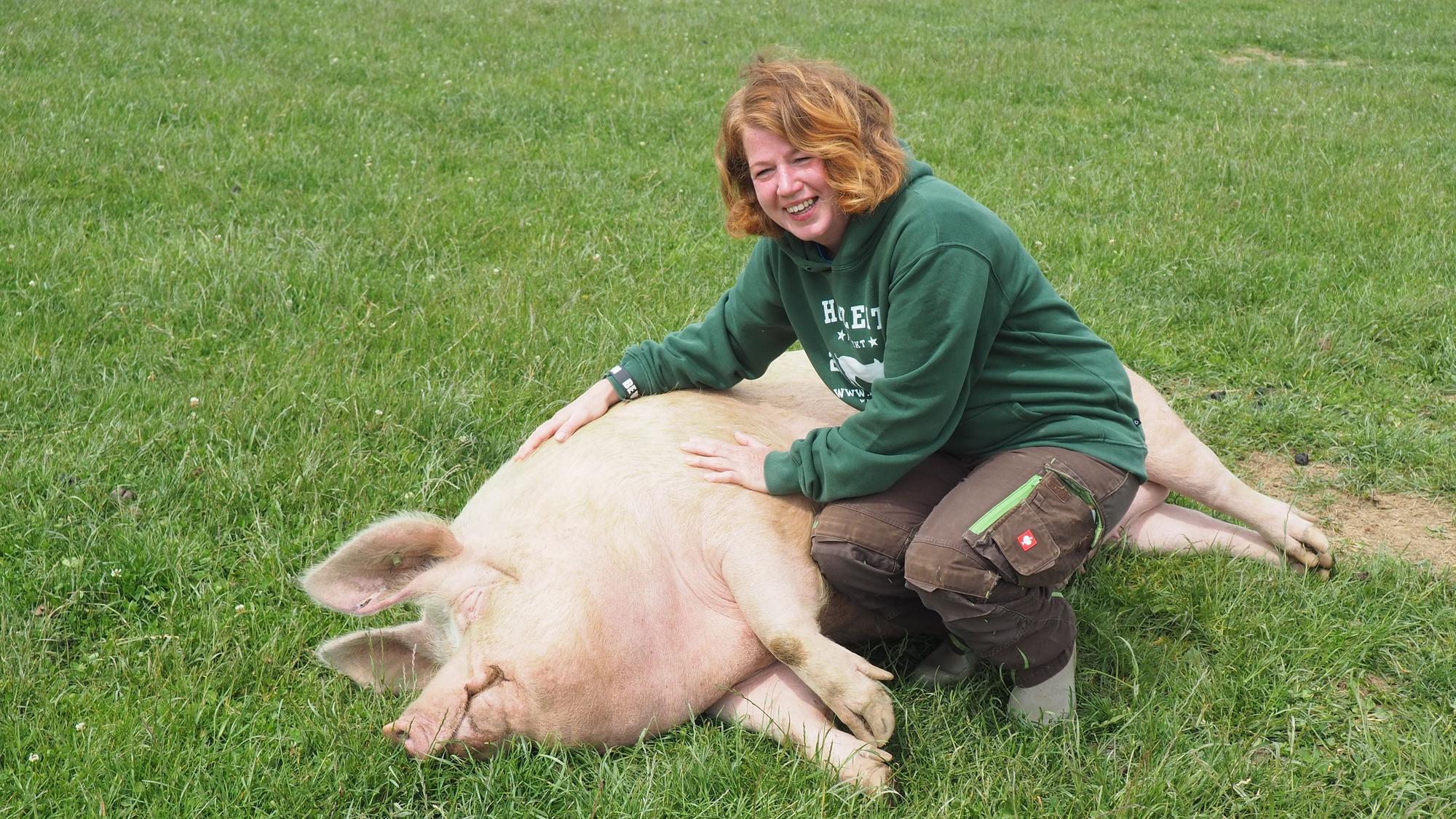 Eine Frau hockt neben einem Schwein und krault es.