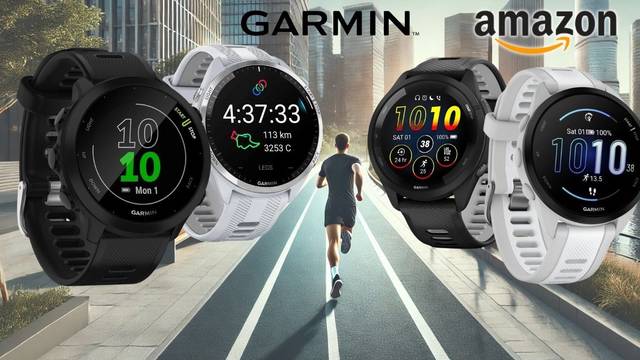 Smartwatches Garmin Forerunner 55, 165, 965 oder 265 vor einem Hintergrund einer Innenstadt in der Morgensonne mit Jogger.