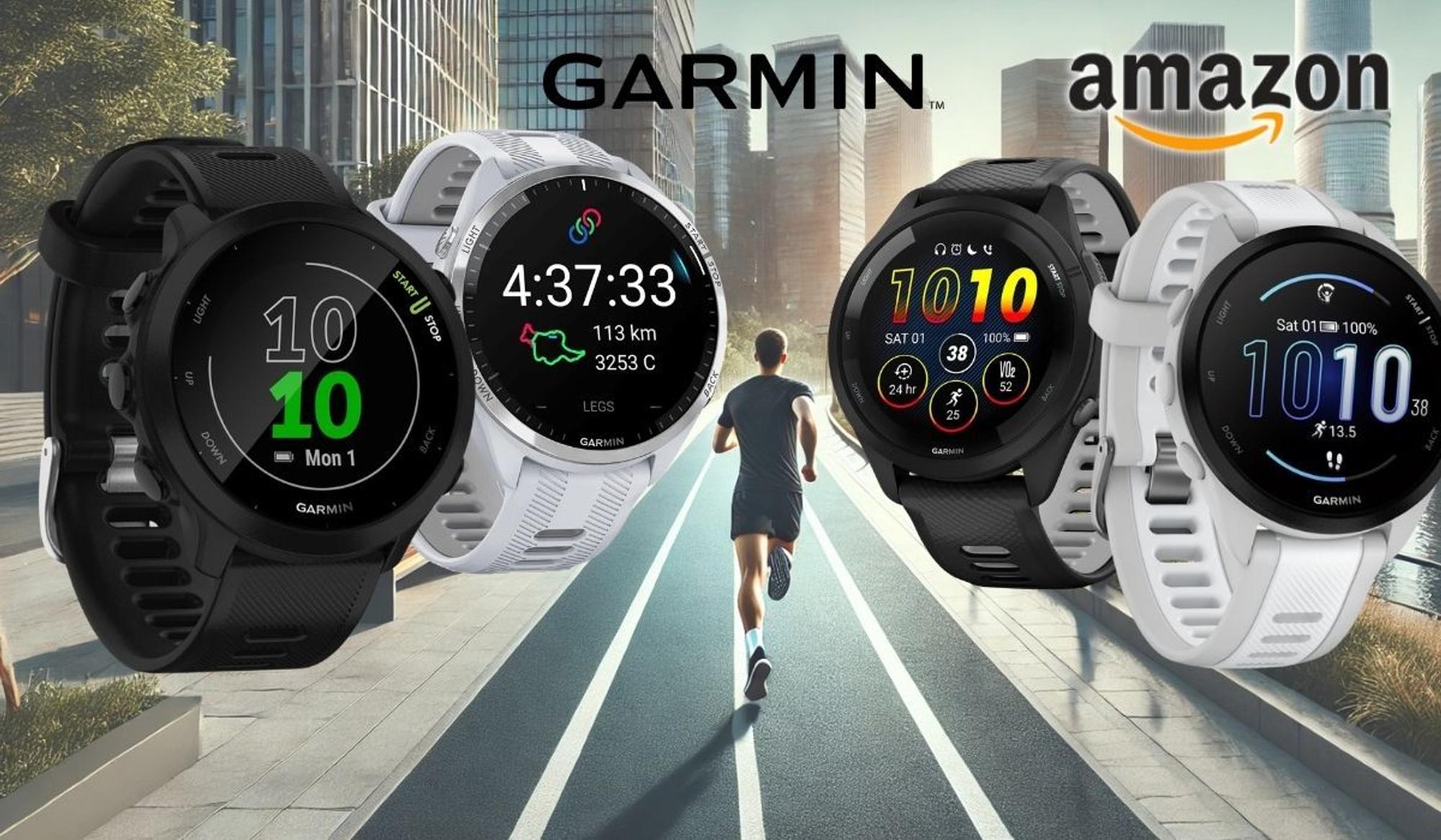 Smartwatches Garmin Forerunner 55, 165, 965 oder 265 vor einem Hintergrund einer Innenstadt in der Morgensonne mit Jogger.