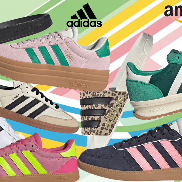 Verschiedene adidas Sneaker-Modelle in unterschiedlichen Farben vor einem bunten Hintergrund mit Muster.