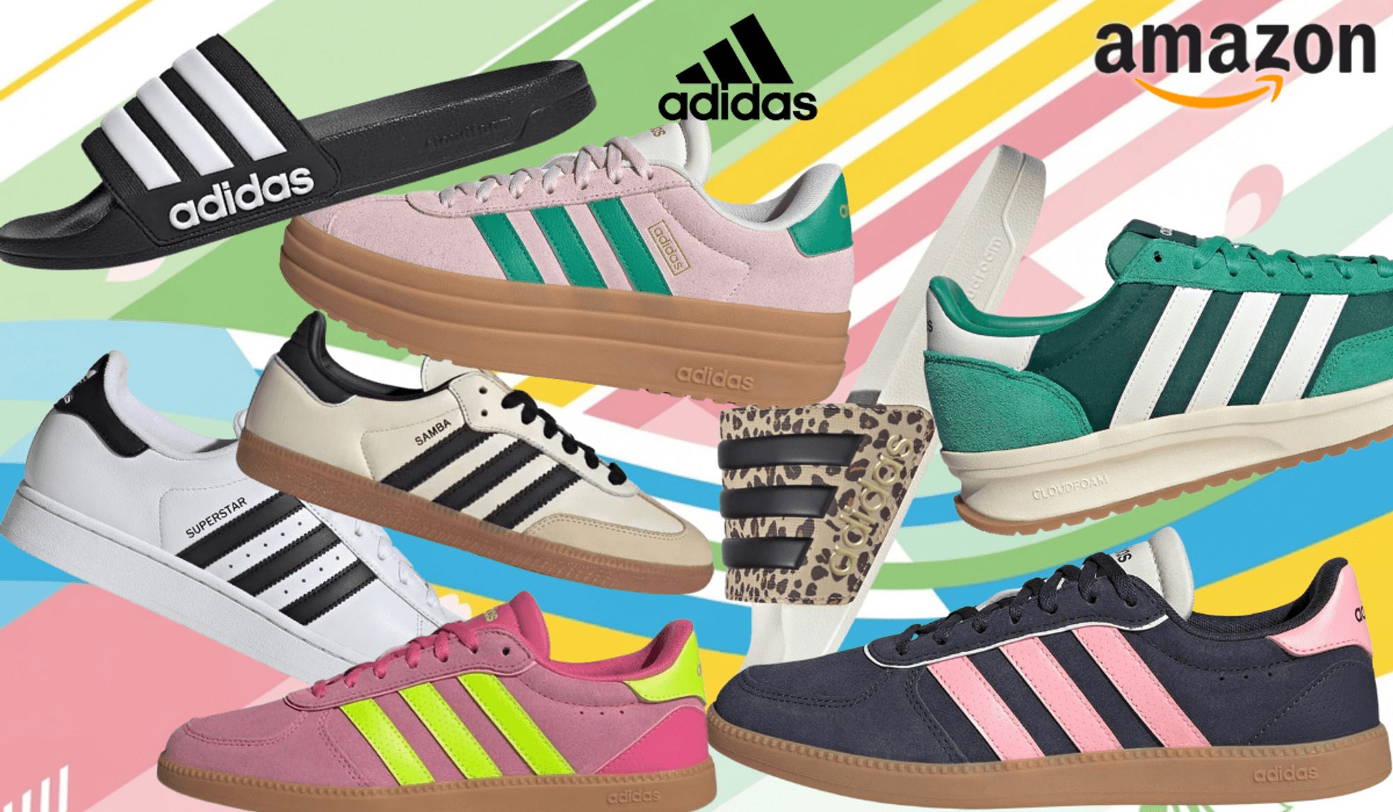 Verschiedene adidas Sneaker-Modelle in unterschiedlichen Farben vor einem bunten Hintergrund mit Muster.