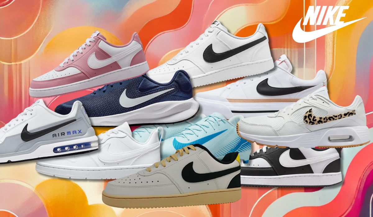 Verschiedene Nike Sneaker vor einem bunten Hintergrund.