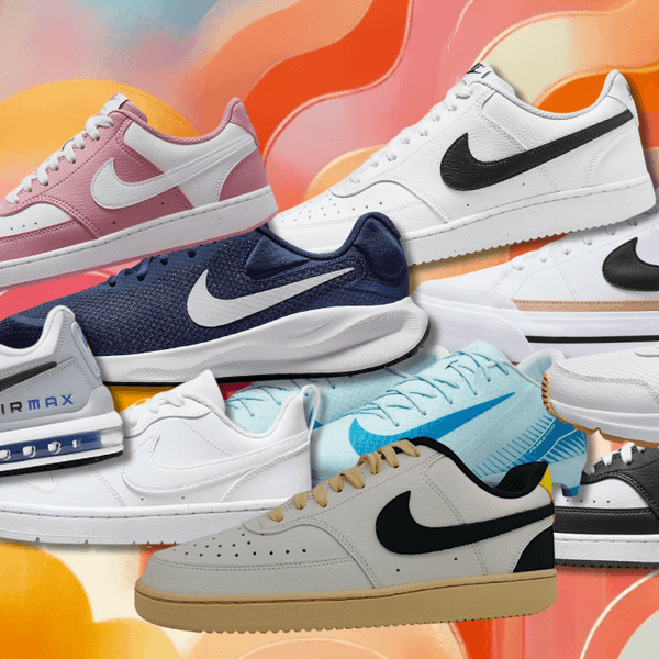 Verschiedene Nike Sneaker vor einem bunten Hintergrund.