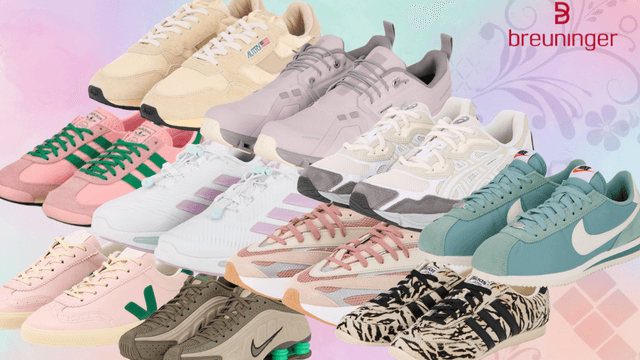Sneaker verschiedener Marken wie Nike, Adidas, New Balance, Veja, Autry und mehr vor buntem Hintergrund mit Breuninger Logo.