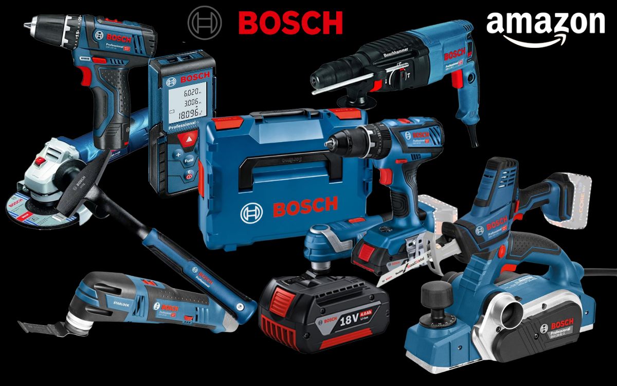 Bosch Professional Werkzeug wie Bohrmaschine und Winkelschleifer vor einem schwarzen Hintergrund.