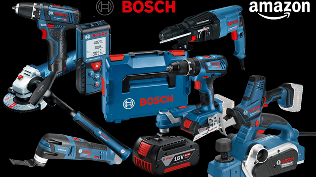 Bosch Professional Werkzeug wie Bohrmaschine und Winkelschleifer vor einem schwarzen Hintergrund.
