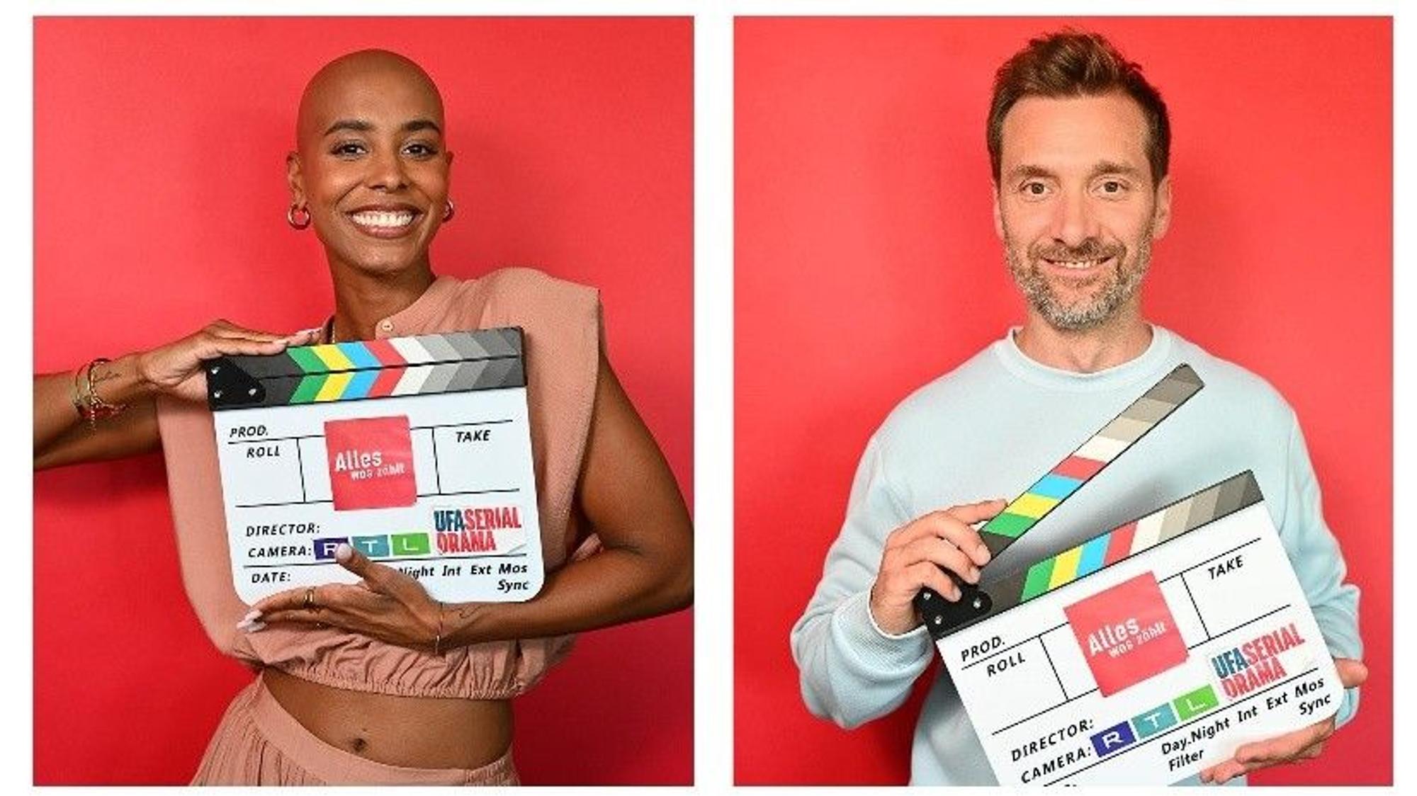 Sharon Battiste (l.) und Daniel Aßmann mit Filmklappe