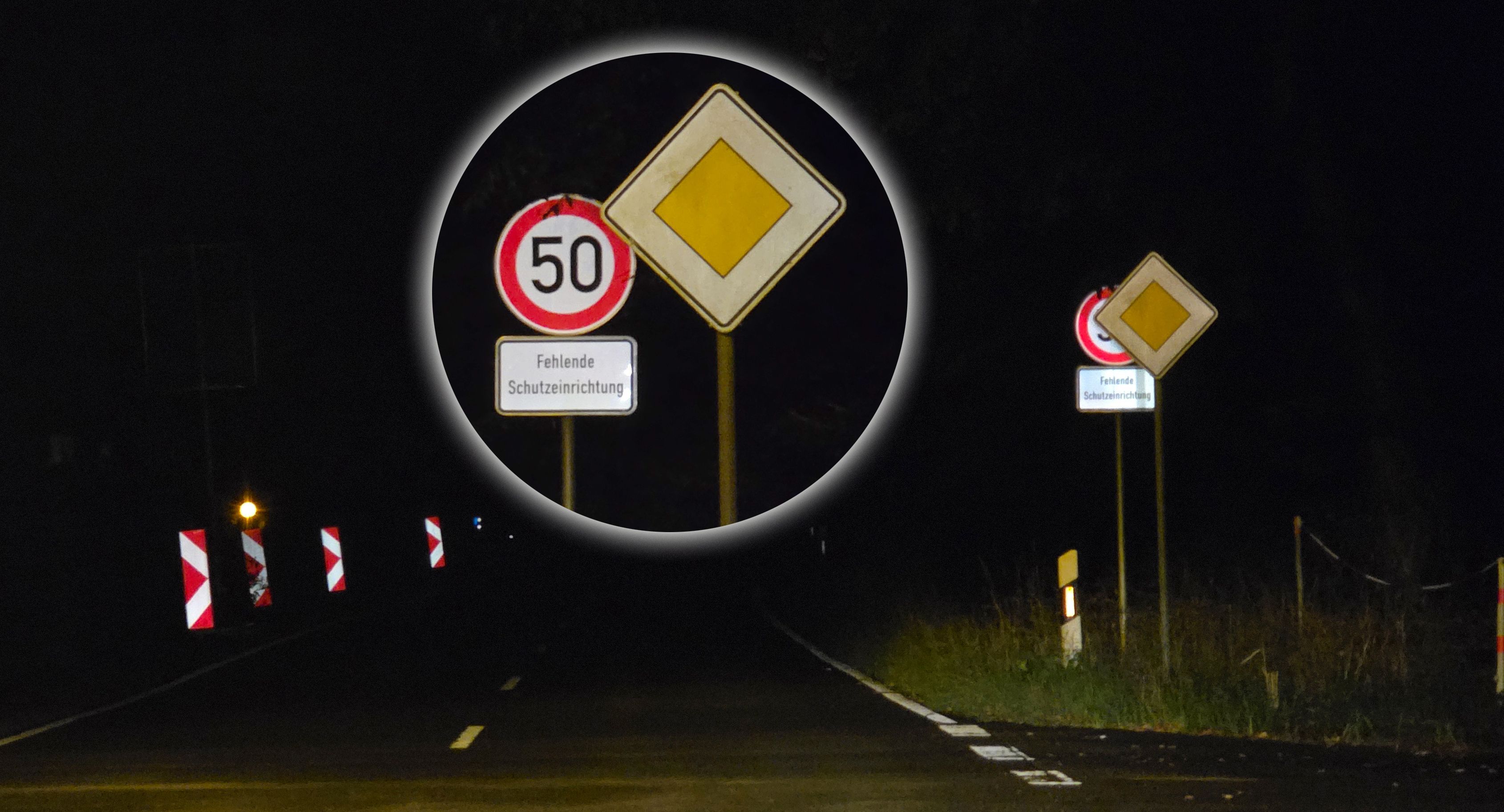 In der Nacht sind Schilder an der Dürschtalstraße bei Kürten-Dürscheid zu sehen.