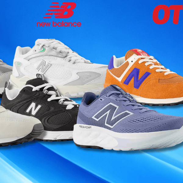 Verschiedene New Balance Schuhe vor einem blauen Hintergrund.