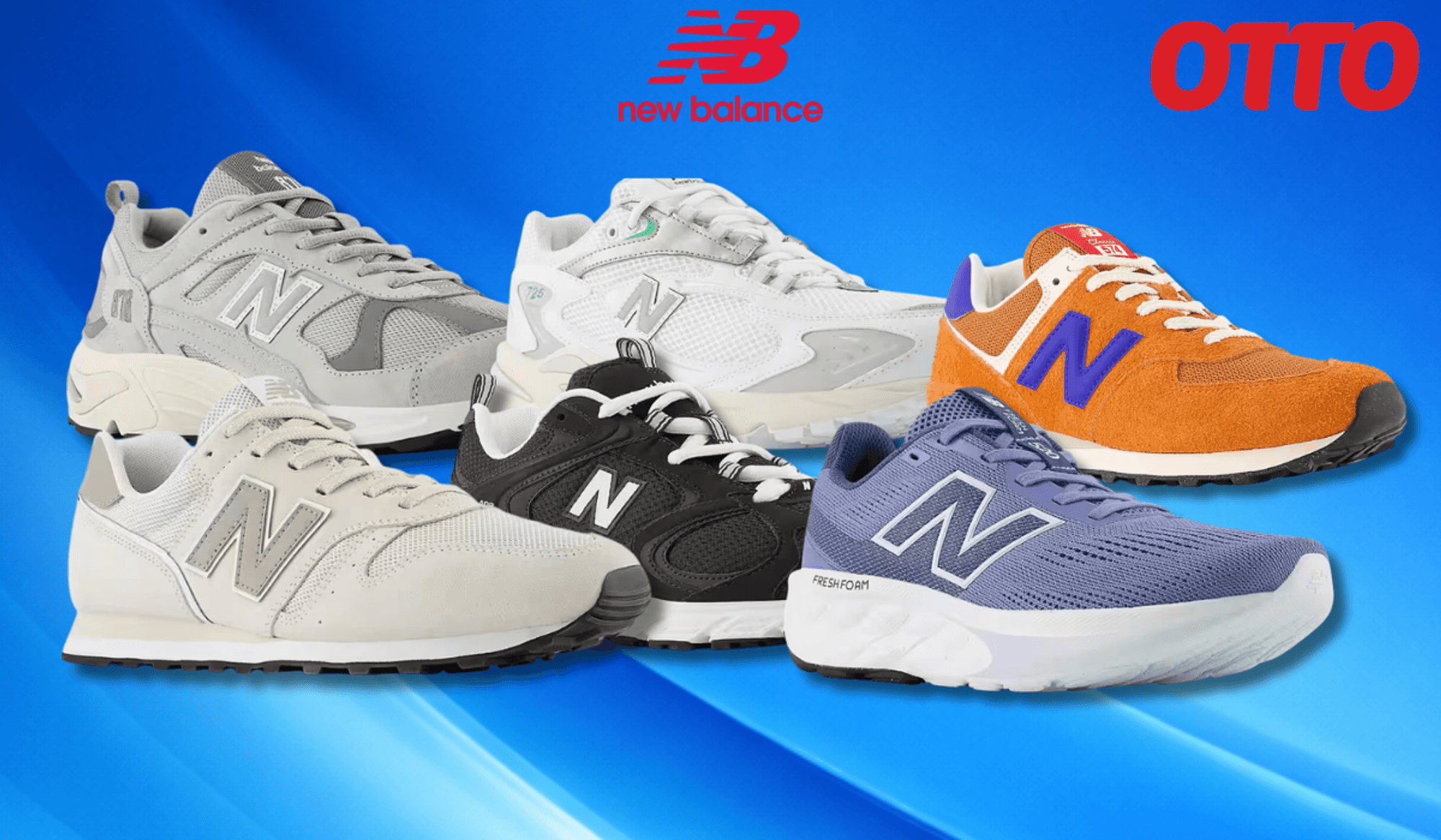 Verschiedene New Balance Schuhe vor einem blauen Hintergrund.