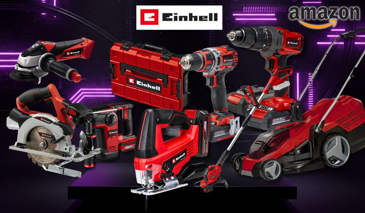 Collage verschiedener roter Einhell Werkzeuge und Gartengeräte (Winkelschleifer, Bohrhammer, Akkubohrer, Stichsäge, Kreissäge, Rasenmäher, Rasentrimmer und ein roter Einhell Werkzeugkoffer) vor einem dunklen technischen Hintergrund mit lila Neonlicht-Akzenten. Links mittig das Amazon-Logo.